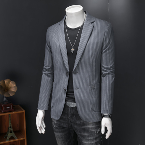 D222春秋新款竖条西装男士休闲便西服四季外套B3305P175,172cm微胖女生穿搭图片