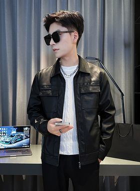 2025黑色男士皮衣修身短款皮夹克休闲秋季薄外套翻领商务小码外套