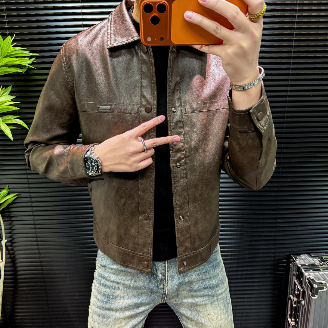轻熟风翻领修身PU皮夹克男秋冬短款复古机车服男士休闲仿皮衣外套