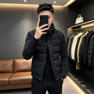 男士紧身立领短款棉衣修身保暖棉服外套潮牌黑色冬季小个子棉袄