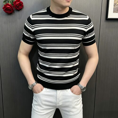 夏季男士冰丝针织条纹短袖T恤