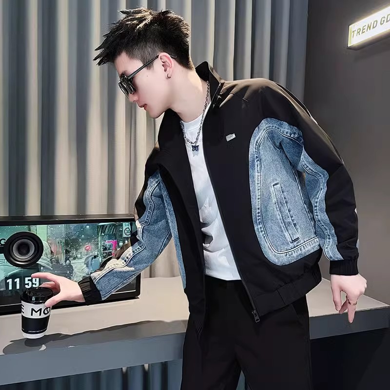 2025年春秋新款立领拼接牛仔撞色夹克男时尚高级感痞帅风衣外套男