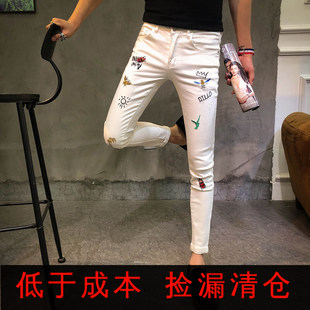 休闲春夏季刺绣牛仔裤修身小直筒男裤小脚裤潮牌设计感小众牛子裤