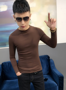 2025春秋长袖时尚紧身T恤衫圆领纯色精神小伙修身内搭男款上衣