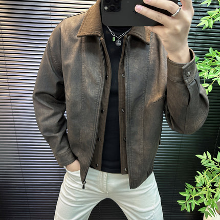 2025秋冬新款男士复古翻领皮衣时尚潮牌拼接假两件外套休闲皮夹克