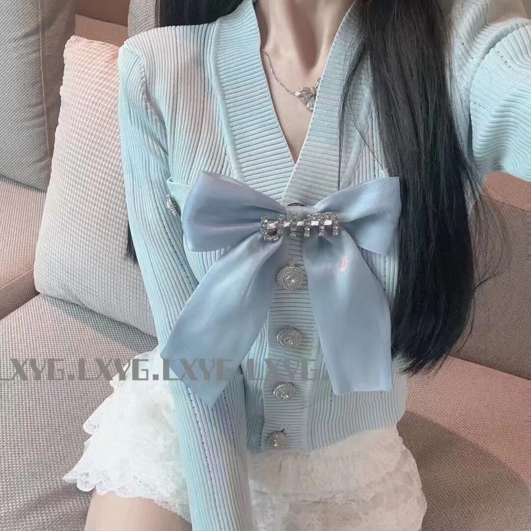 2025春季新款法式小香风蝴蝶结V领冰丝针织开衫修身显瘦名媛上衣