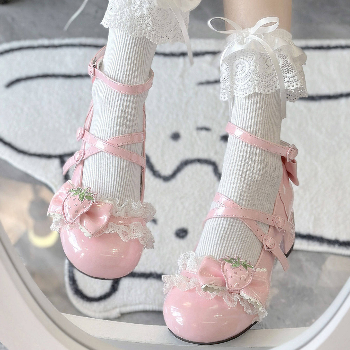粉色甜美少女玛丽珍鞋Lolita鞋日系可爱圆头中跟草莓蝴蝶结lo鞋