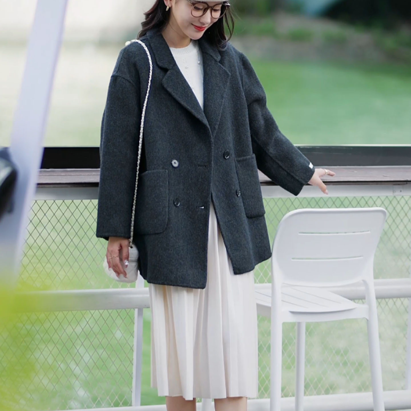 灰色毛呢外套双面羊绒大衣外套女