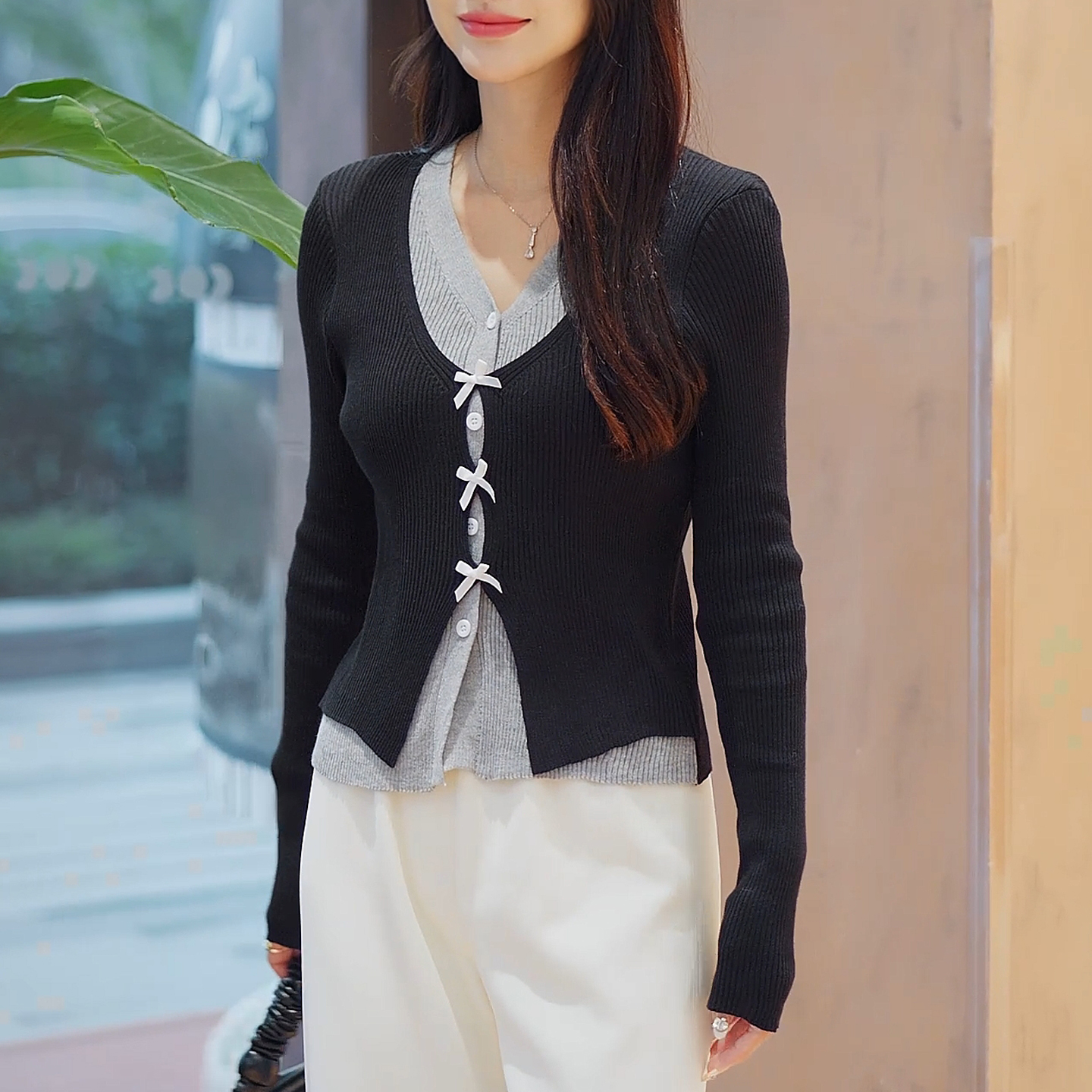 BM假两件V领蝴蝶结针织衫女