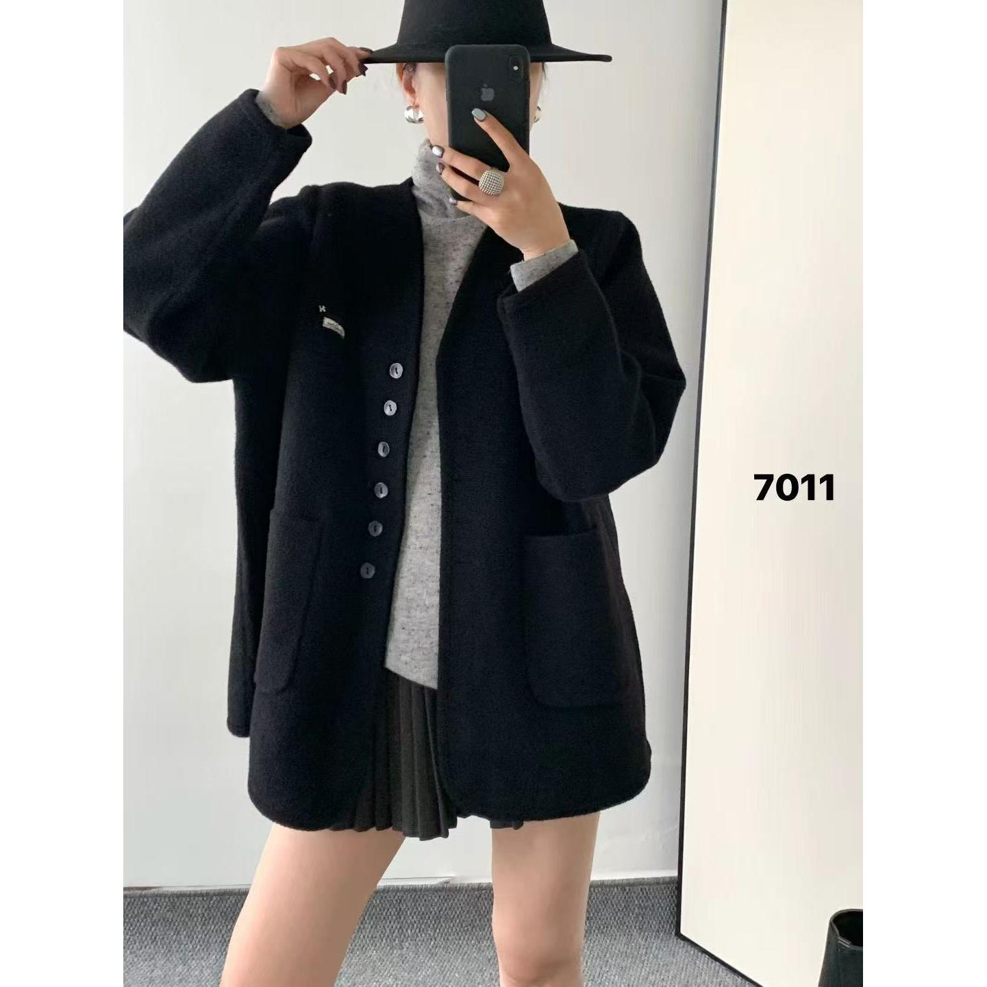 V领毛呢外套带帽~加肥加大高端品质开衫呢子大衣保暖秋冬新款7011
