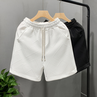 设计感菱形花纹白色短裤男潮牌帅气五分裤男士夏季居家外穿半截裤