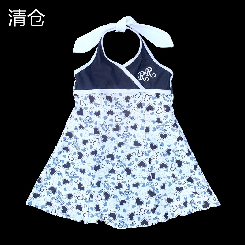外贸日本连衣裙泳装心图少女连体游泳衣女孩挂脖露背公主裙度假风