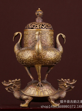 双头龙龟三鹤熏香炉仿古纯黄铜檀香炉客厅怀旧禅意家居摆件