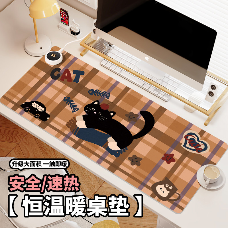 格子猫咪加热鼠标垫左侧开关卡通发热暖桌垫办公暖手垫冬季usb发热桌垫超大电热垫女生防水笔记本电脑键盘垫