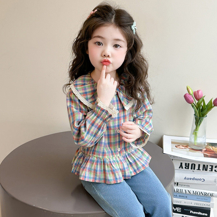 女童彩虹格子花边领衬衫2026春秋新款女宝中小童娃娃领长袖上衣