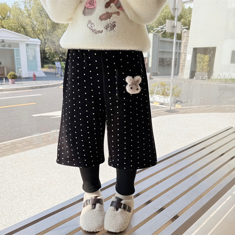 女小童波点兔子加绒假两件裤