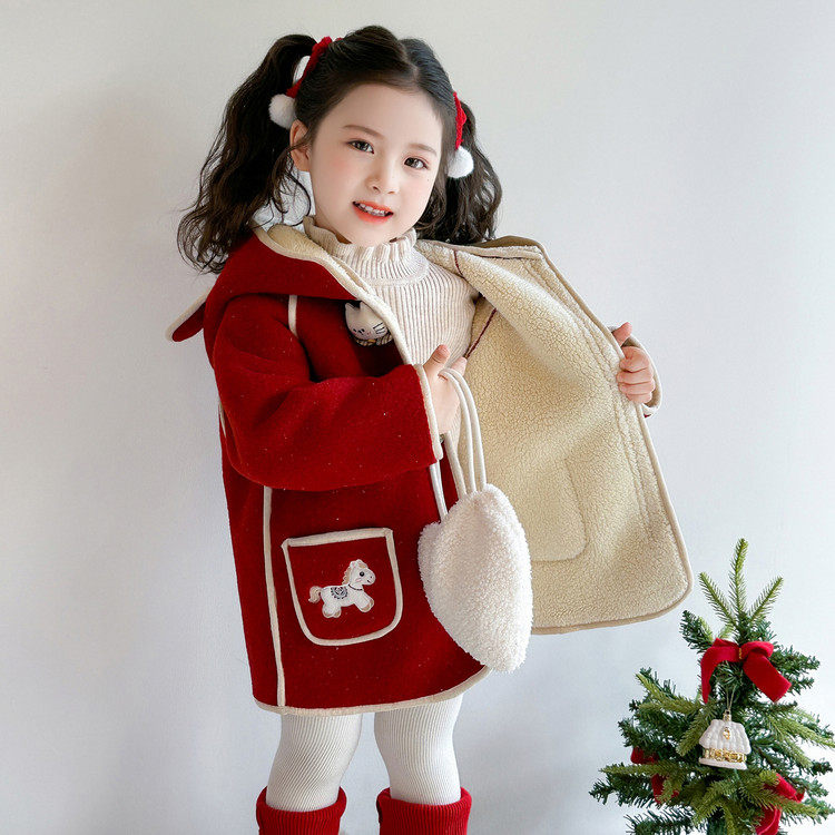 女童小马红色毛呢大衣2025新款女宝中小童加厚中长款羊羔绒外套