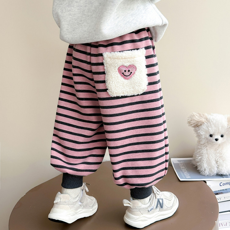 女小童爱心条纹加绒卫裤