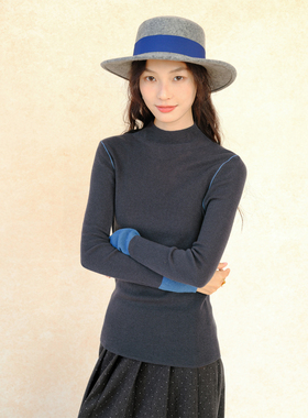 自然而蓝丨多色拼接撞色修身百搭半高领针织毛衣  25冬季新品