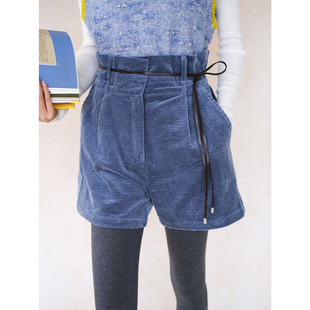 自然而蓝 | 无补 通勤 高腰灰蓝灯芯绒短裤 原创自制