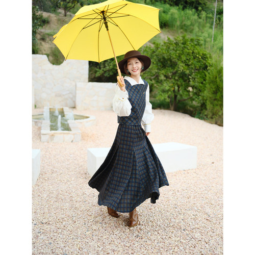 格纹拼接显瘦遮胯大摆半裙