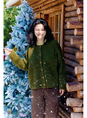 自然而蓝｜这个颜色好好看呐！绿色圈圈毛 宽松针织开衫 原创自制