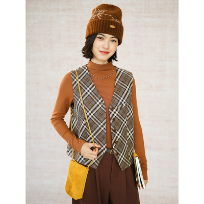 自然而蓝｜理性秩序 撞色格纹毛呢V领马甲  原创自制