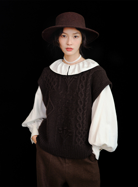自然而蓝｜牦牛绒羊毛 温暖过冬 咖色套头针织背心  25冬季新品