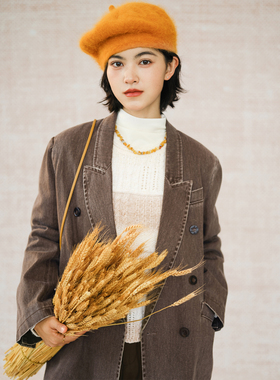 自然而蓝｜复古咖色牛仔做旧感翻领通勤西装外套  25春季