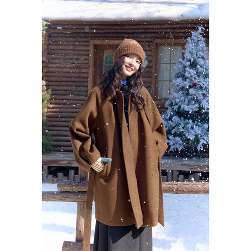 自然而蓝｜巧克力奶茶 夹棉温暖 中长款翻领外套  原创设计