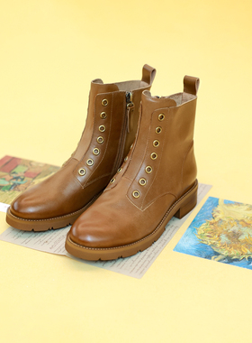 自然而蓝 丨卡其色英伦风七孔机车短靴马丁靴  自制 25秋冬新品