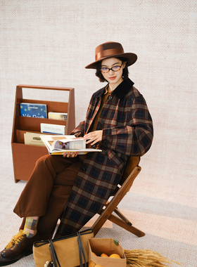 自然而蓝｜格纹撞色英伦复古宽松长款风衣   25春季