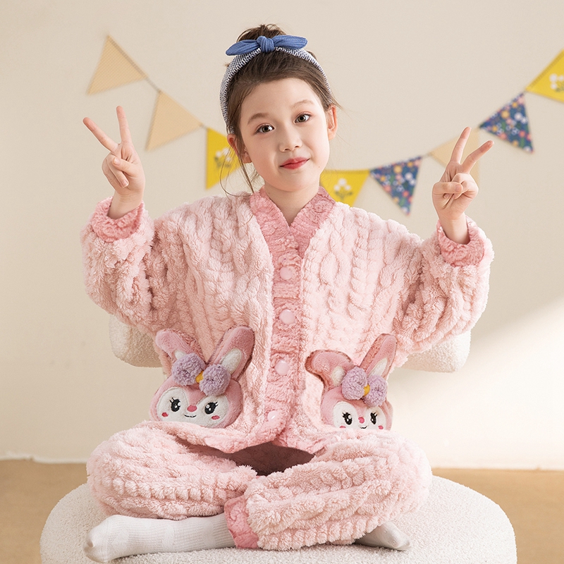 珊瑚绒女童睡衣加厚开衫秋冬季