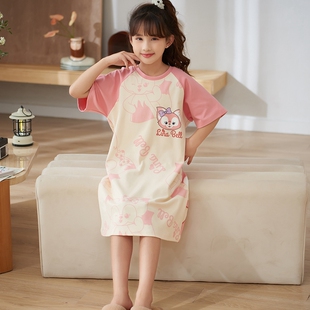 女童纯棉短袖卡通睡裙夏季可爱甜美风连衣裙子薄款印花儿童家居服