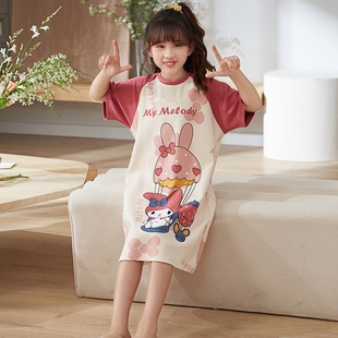 2026年新款女童睡衣夏季短袖纯棉薄款卡通印花初高中生家居服裙子