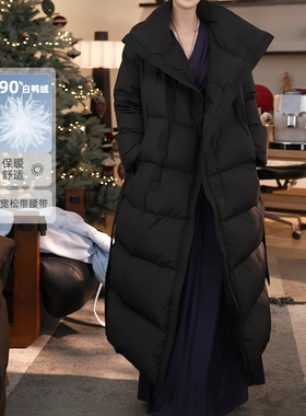 90白鸭绒 张七七黑色长款过膝收腰加厚立领泡芙羽绒服女冬季外套