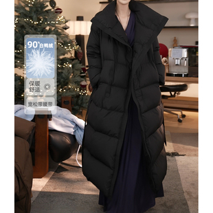 外套 过膝收腰加厚立领泡芙羽绒服女冬季 90白鸭绒 张七七黑色长款