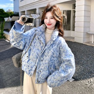 加厚羽绒外套 小香风提花小众立领漂亮短款 浅蓝色羽绒服女冬季 新款