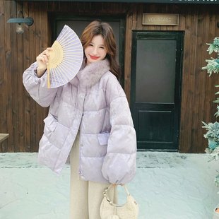 提花仿狐狸毛领90白鸭绒灯笼袖 新款 外套 国风紫色羽绒服冬季 新中式