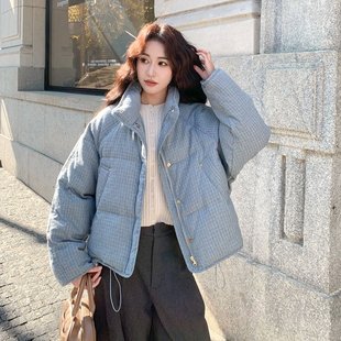 休闲通勤加厚立领外套潮 韩版 蓝色格纹羽绒服松弛感减龄女冬季 新款
