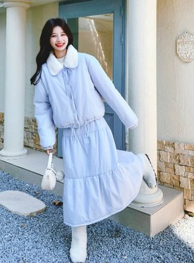 奶蓝色棉服套装新款短款宽松加厚保暖短款棉袄外套半身裙子两件套
