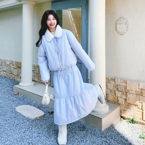 奶蓝色棉服套装新款短款宽松加厚保暖短款棉袄外套半身裙子两件套