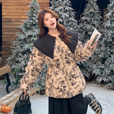 新中式国风水墨印花羽绒服女冬新款中长款收腰气质娃娃领保暖外套