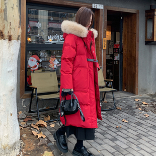 连帽本命年喜庆带毛领白鸭绒外套 新款 红色羽绒服女中长款 2025冬季