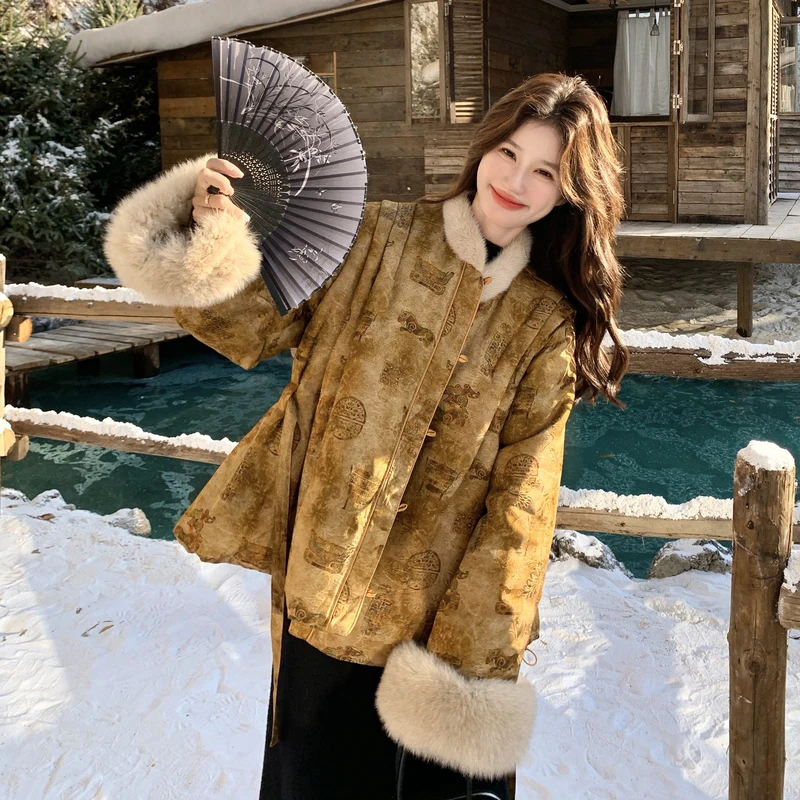 复古新中式羽绒服女2015冬季新款国风收腰刺绣花毛茸羽绒短款外套