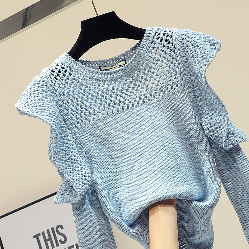 露肩荷叶边毛衣女2023秋季新款甜美喇叭长袖镂空衫春款,女装/女士精品,毛衣,淘宝优惠券,粉丝福利购,淘宝优惠卷