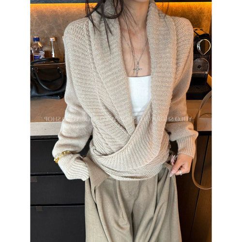 送运费险翻领绑带交叉设计毛衣