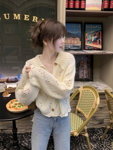 针织开衫 Onion 宽松慵懒风翻领镂空毛衣外套 韩版 女秋季 新款