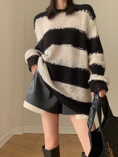 酒窝黑白条纹毛衣女秋季2025宽松显瘦百搭打底针织上衣潮JWUNIQUE