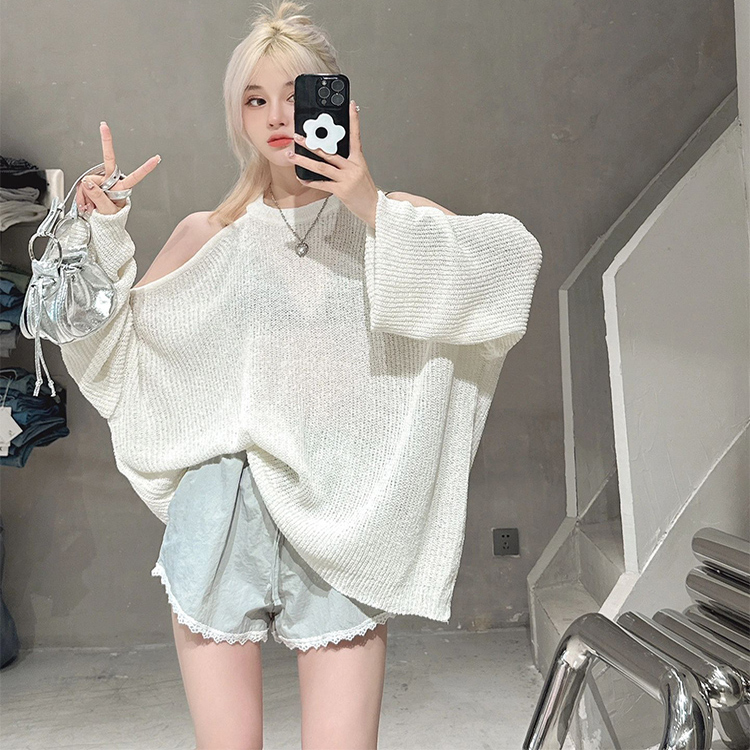 韩版设计感镂空露肩长袖针织衫女宽松显瘦时尚薄款辣妹防晒上衣潮